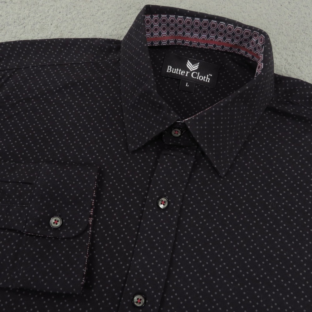 Buttercloth Mens Large Black Grey Geometric Dot Performance Flex Stretch Shirt